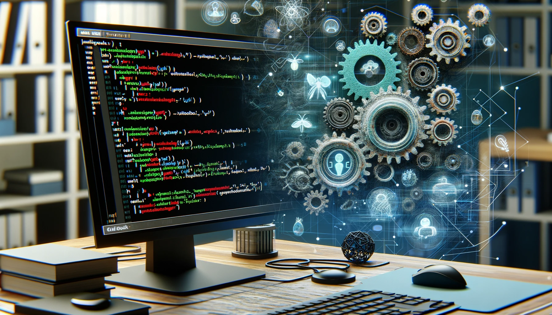 An image depicting a JavaScript code editor on a computer screen, with highlighted code segments that illustrate common mistakes and their corrections. The background includes abstract representations of bugs being fixed and gears turning, symbolizing optimization and debugging.